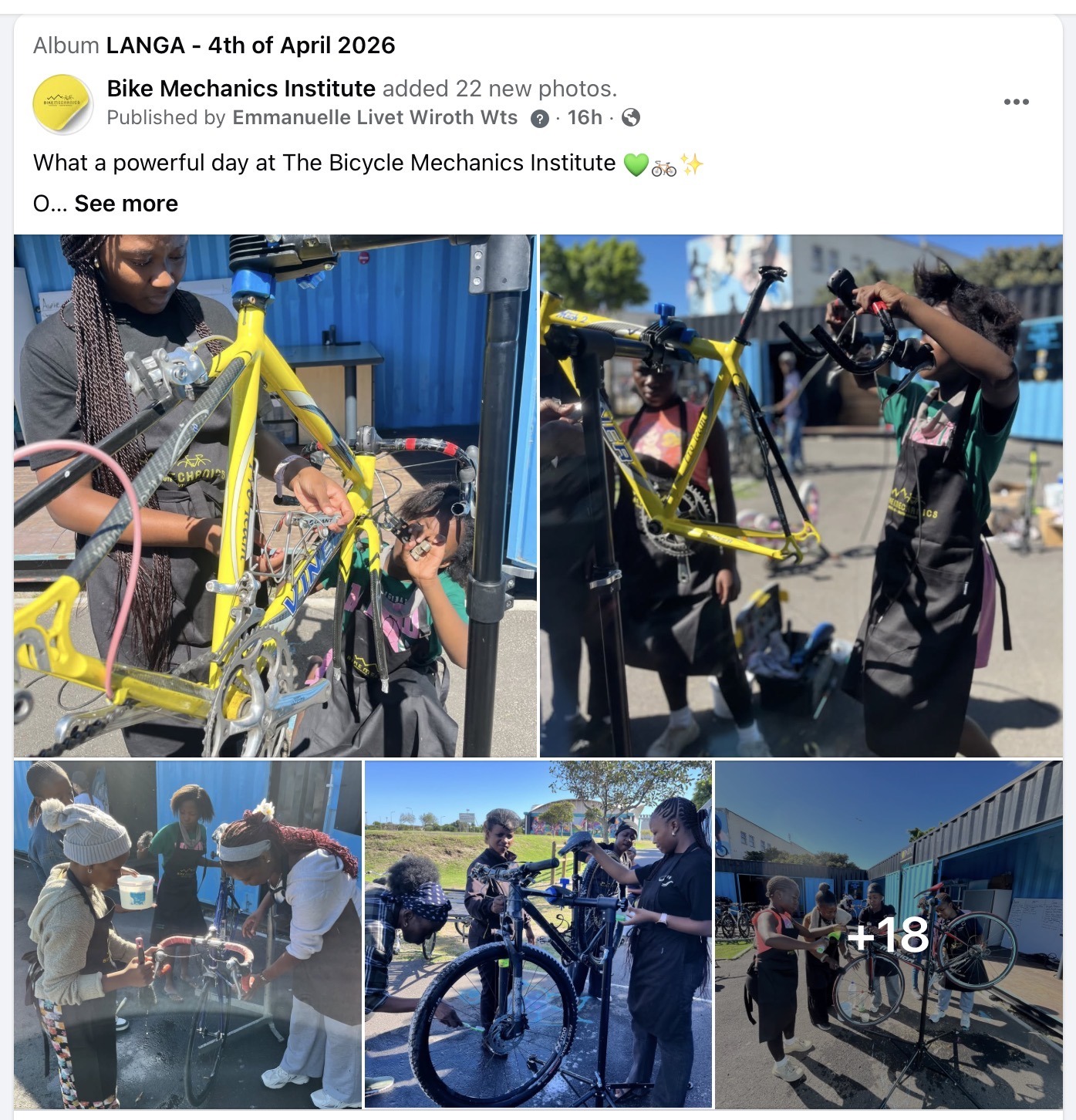 Women learning bicycle repair skills during a practical workshop at the Bicycle Mechanics Institute in South Africa.