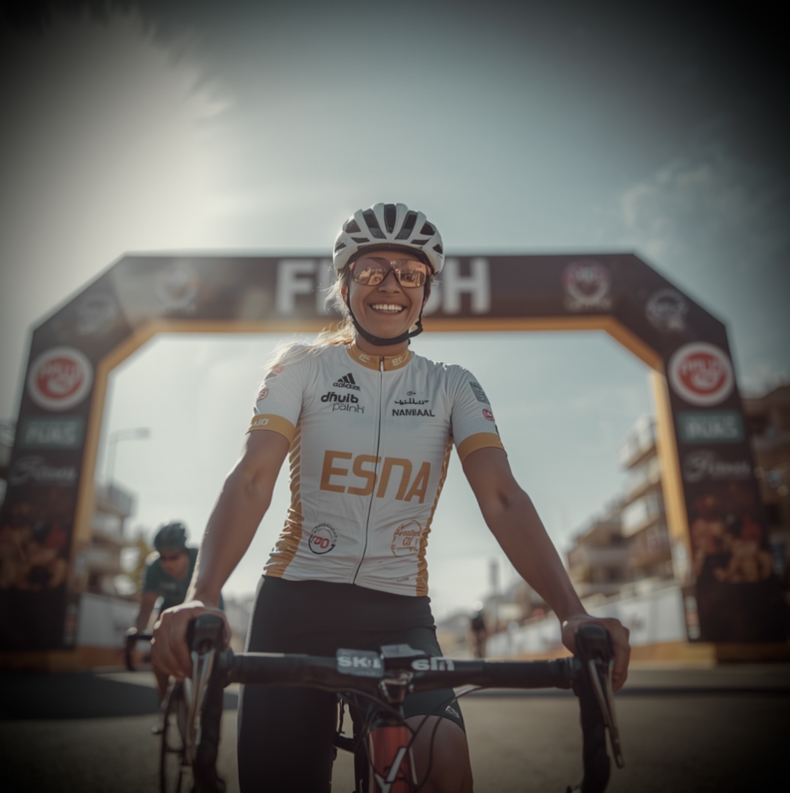 Cycliste franchissant la ligne d’arrivée après une course d’endurance