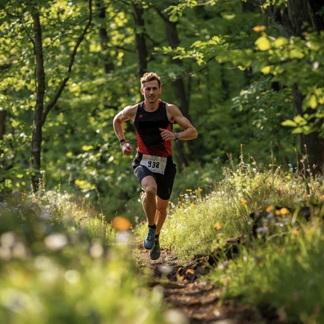 Coureur pratiquant le trail running en nature avec aisance.